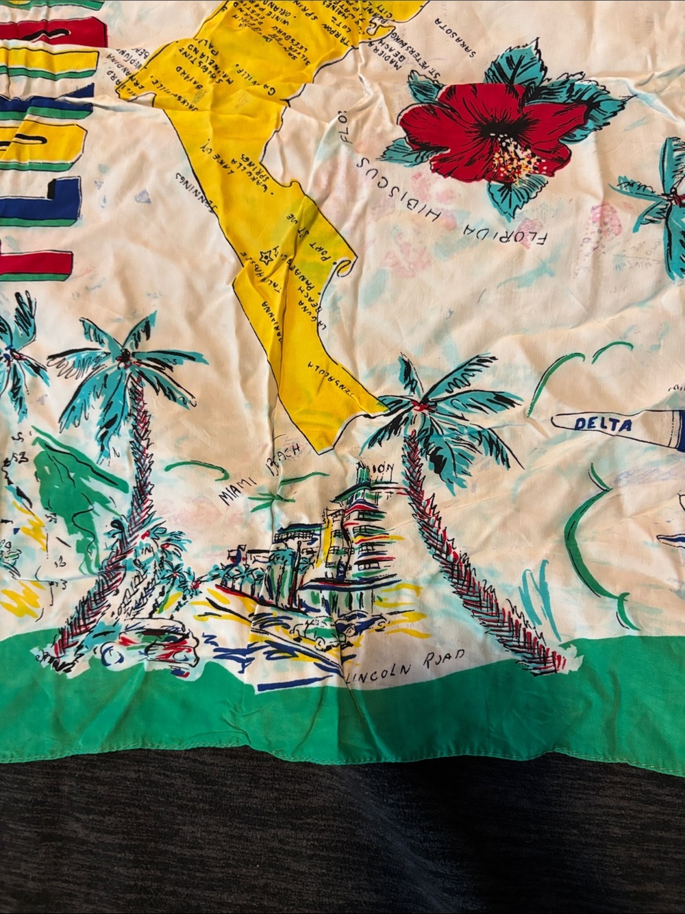 Vintage Delta Air Lines Florida Print Green Border Silk Scarf - Picture 7 of 17